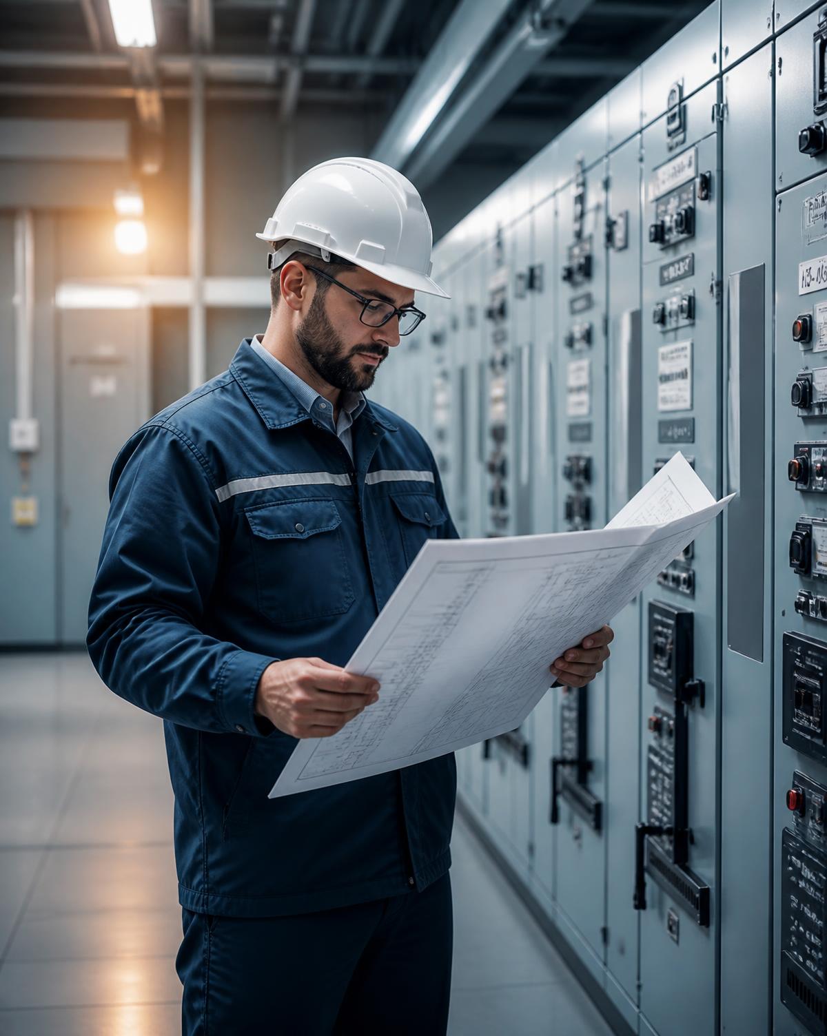 Ingeniero eléctrico revisando planos frente a tableros de distribución