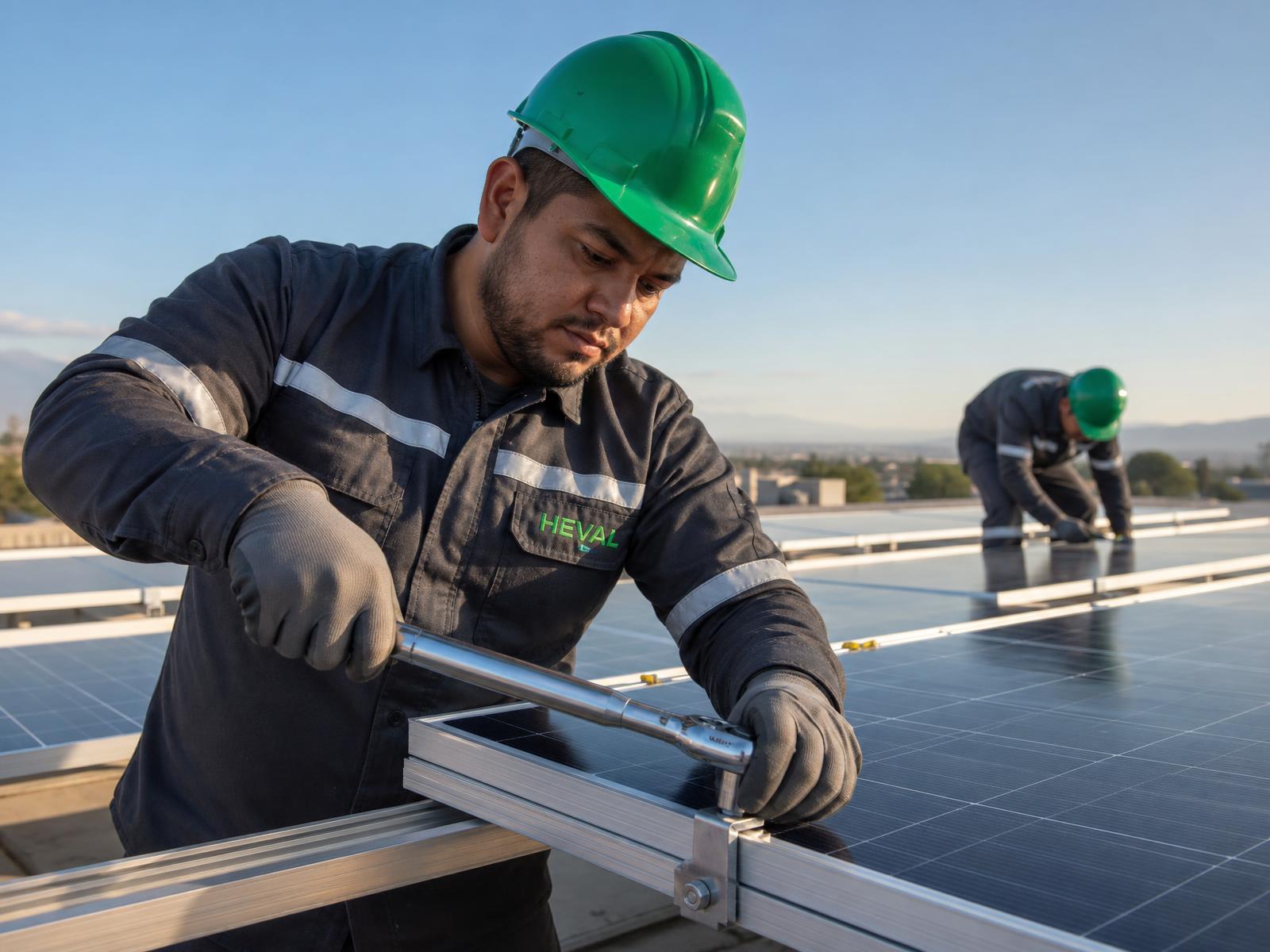 Técnico de HEVAL instalando módulos fotovoltaicos con torquímetro